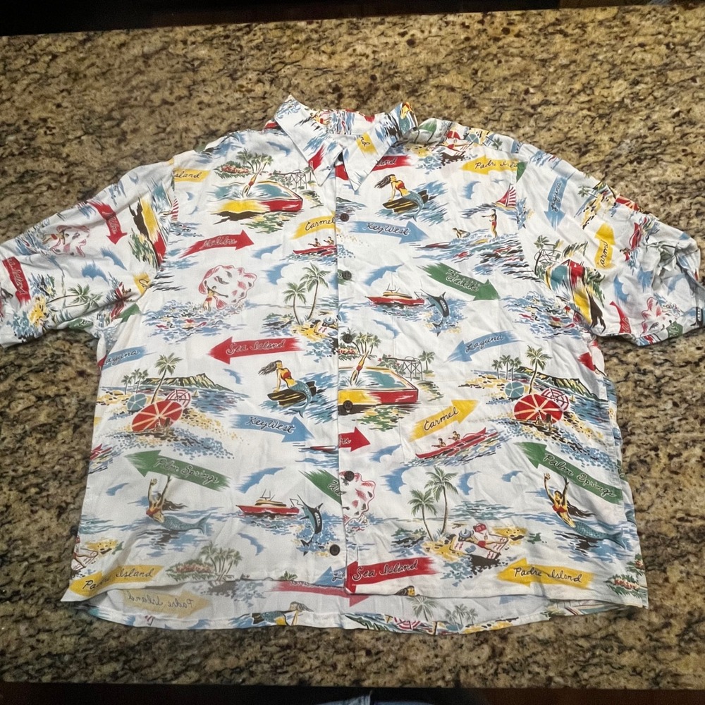 Reyn Spooner Mens XXL Hawaiian Shirt Spun Rayon Postcard Tropical Print White‎